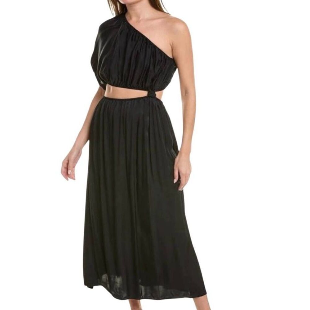 NWT Farm Rio Dress Women's Medium Black One Shoulder Midi Satin Ecovera - Picture 2 of 7